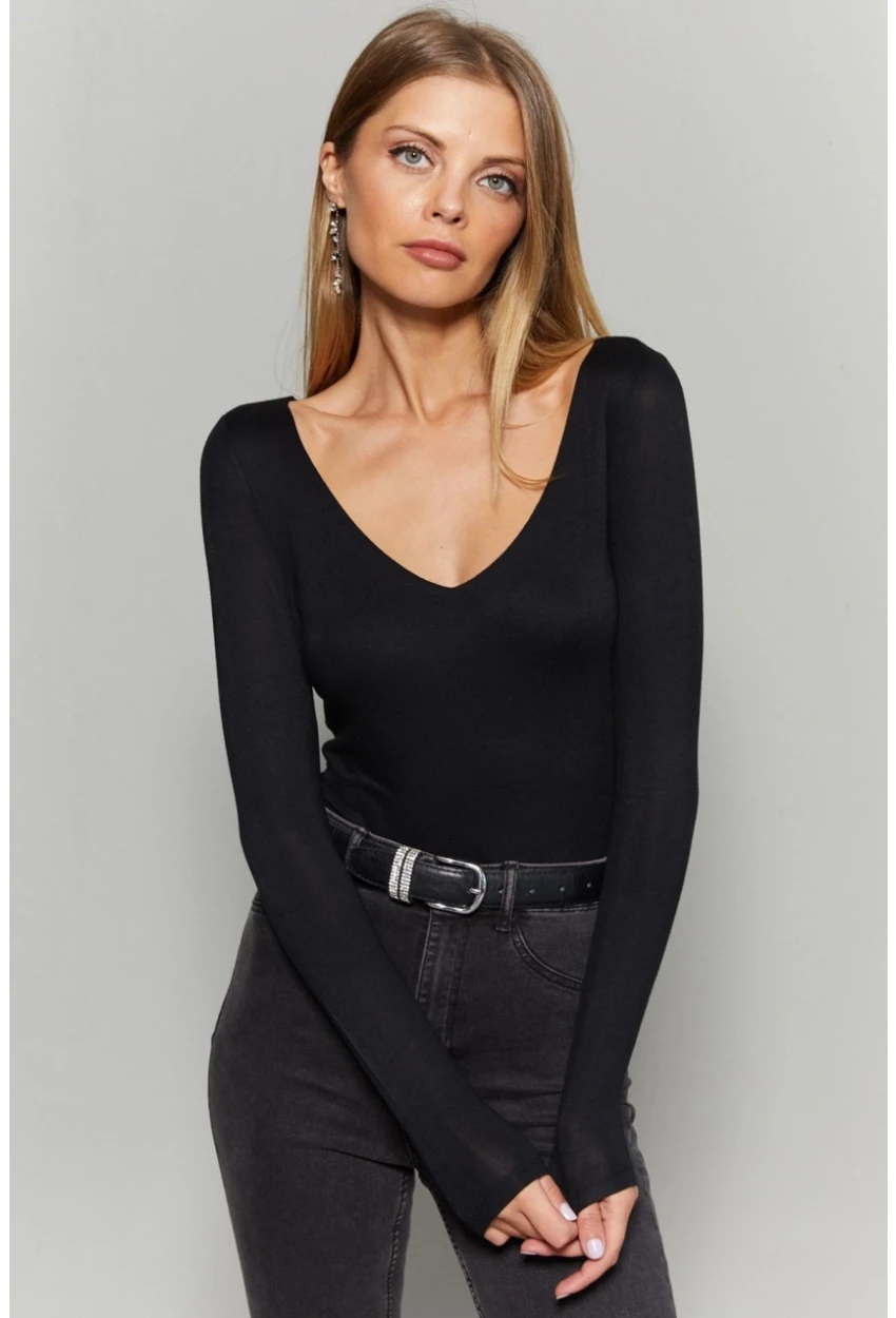 Kadın Siyah V Yaka Çıtçıtlı Body Fİ792