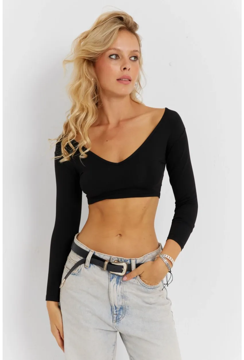 Kadın Siyah V Yaka Crop Bluz CG368