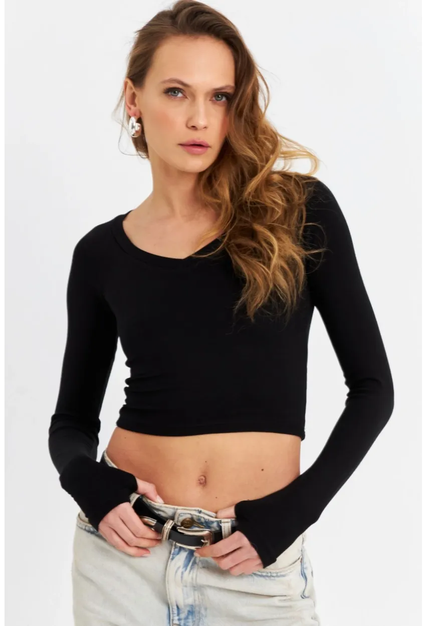 Kadın Siyah V Yaka Crop Bluz DMR389