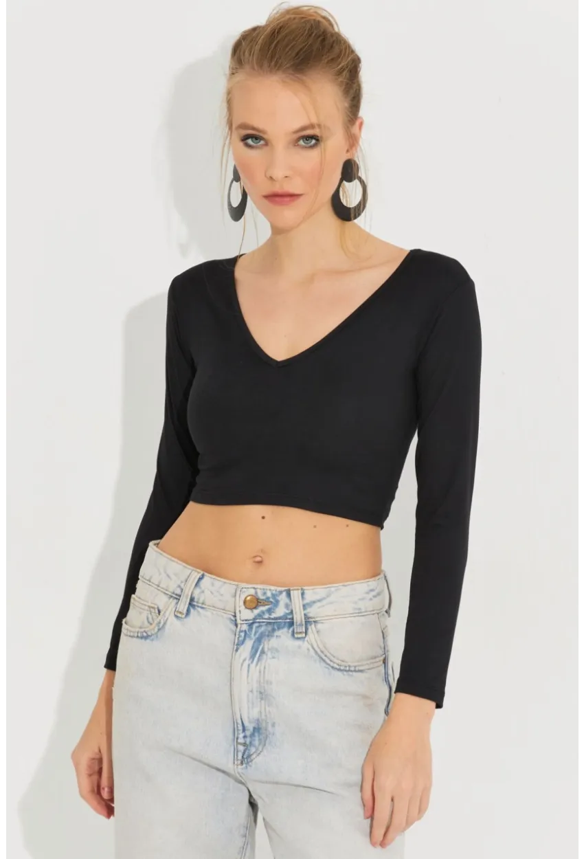 Kadın Siyah V Yaka Crop Bluz LPP1241