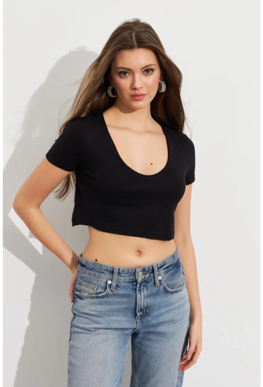 Kadın Siyah V Yaka Crop Bluz TOP101