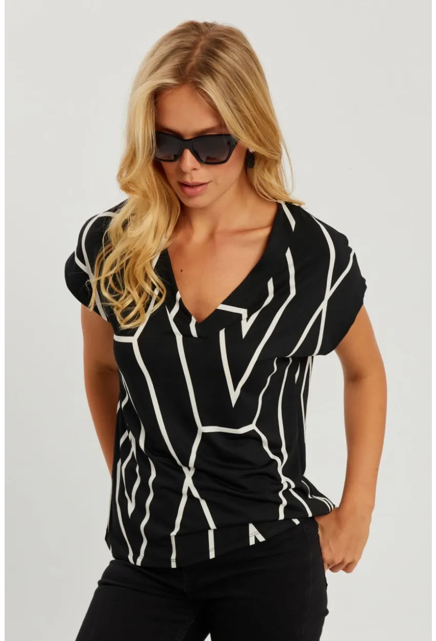 Kadın Siyah V Yaka Desenli Bluz AYD320
