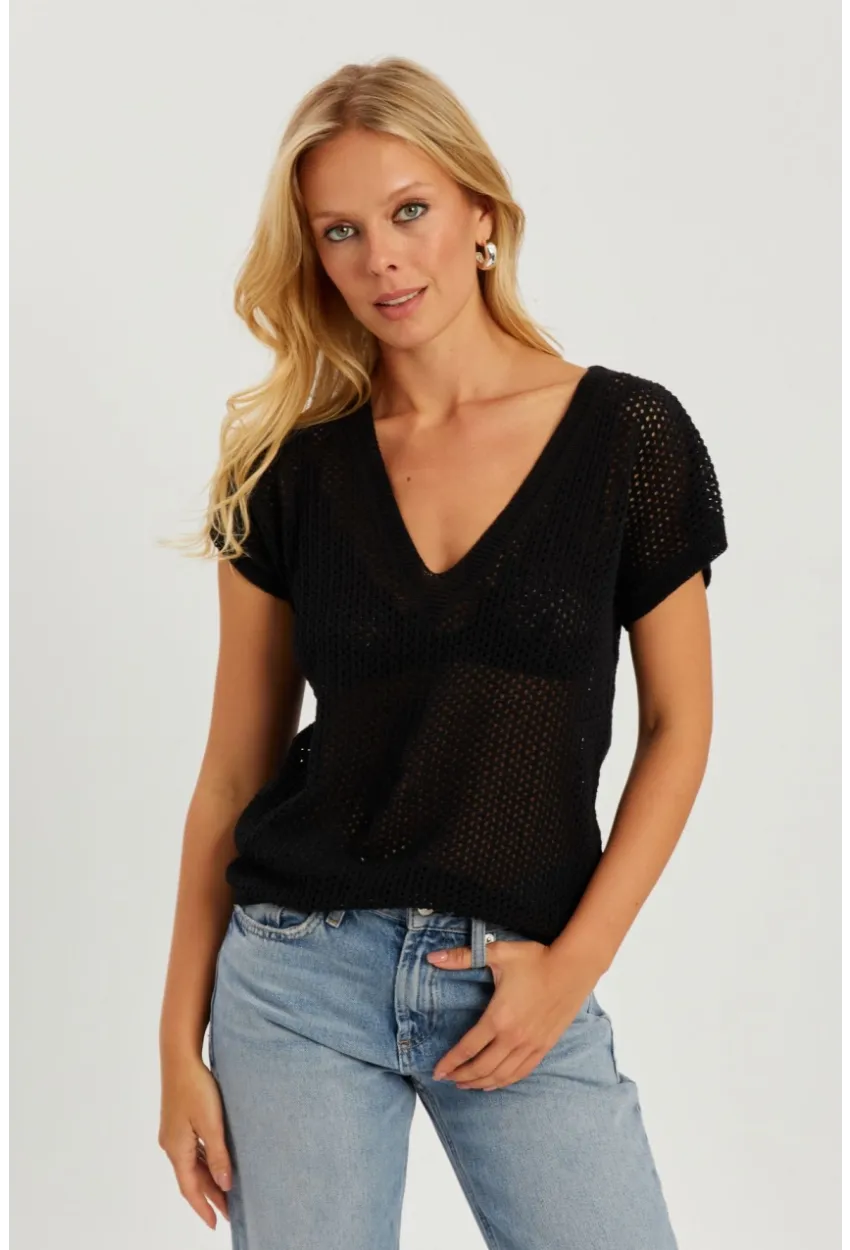 Kadın Siyah V Yaka Fileli Bluz SMT230
