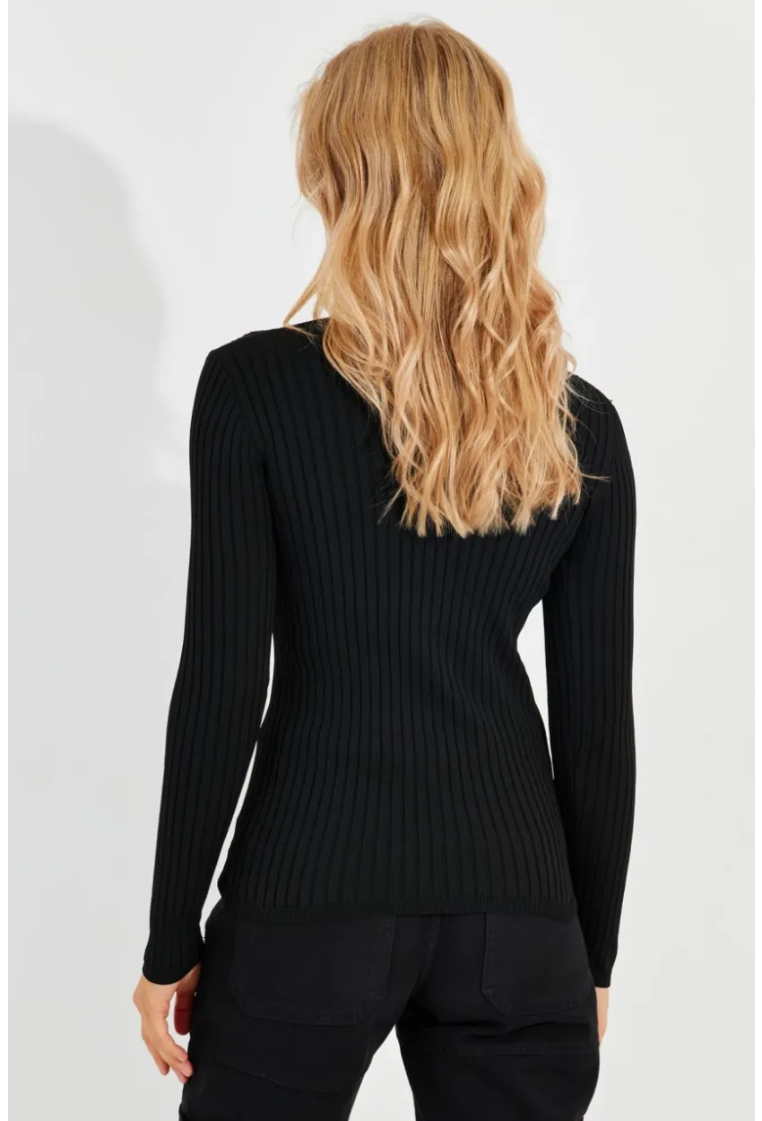 Kadın Siyah V Yaka Fitilli Triko Bluz SMT216