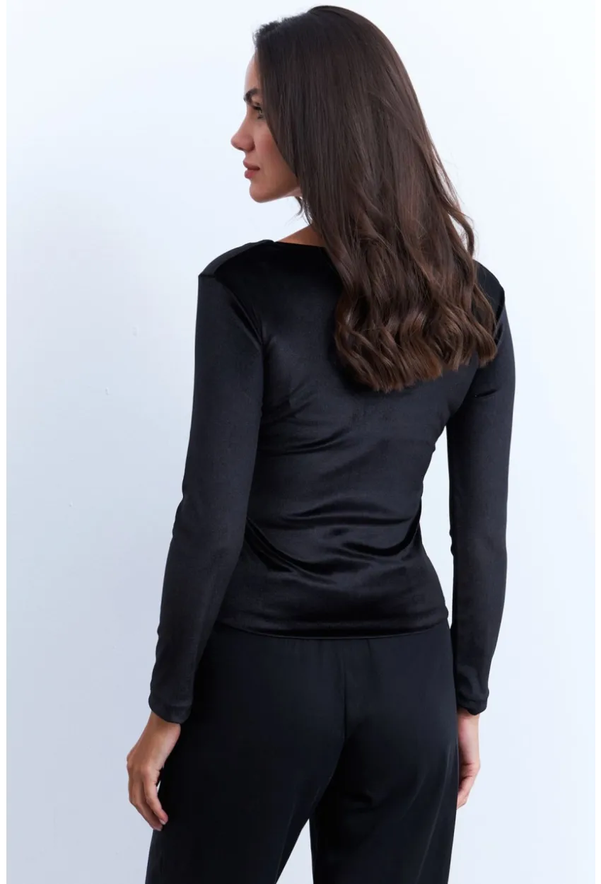 Kadın Siyah V Yaka Kadife Bluz EY2965