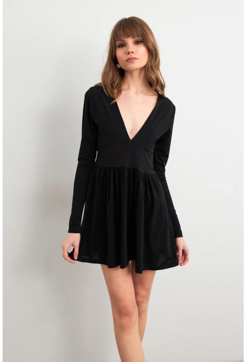 Kadın Siyah V Yaka Mini Elbise LİK17