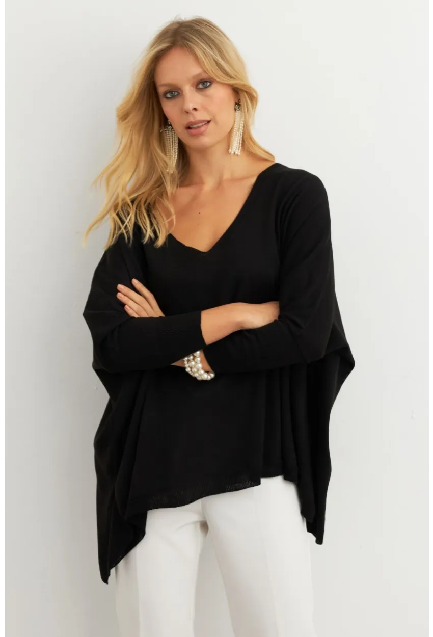 Kadın Siyah V Yaka Salaş Bluz YV304