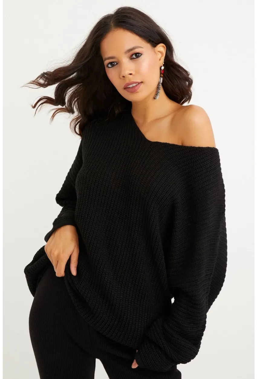 Kadın Siyah V Yaka Salaş Oversize Triko Tunik SMT158