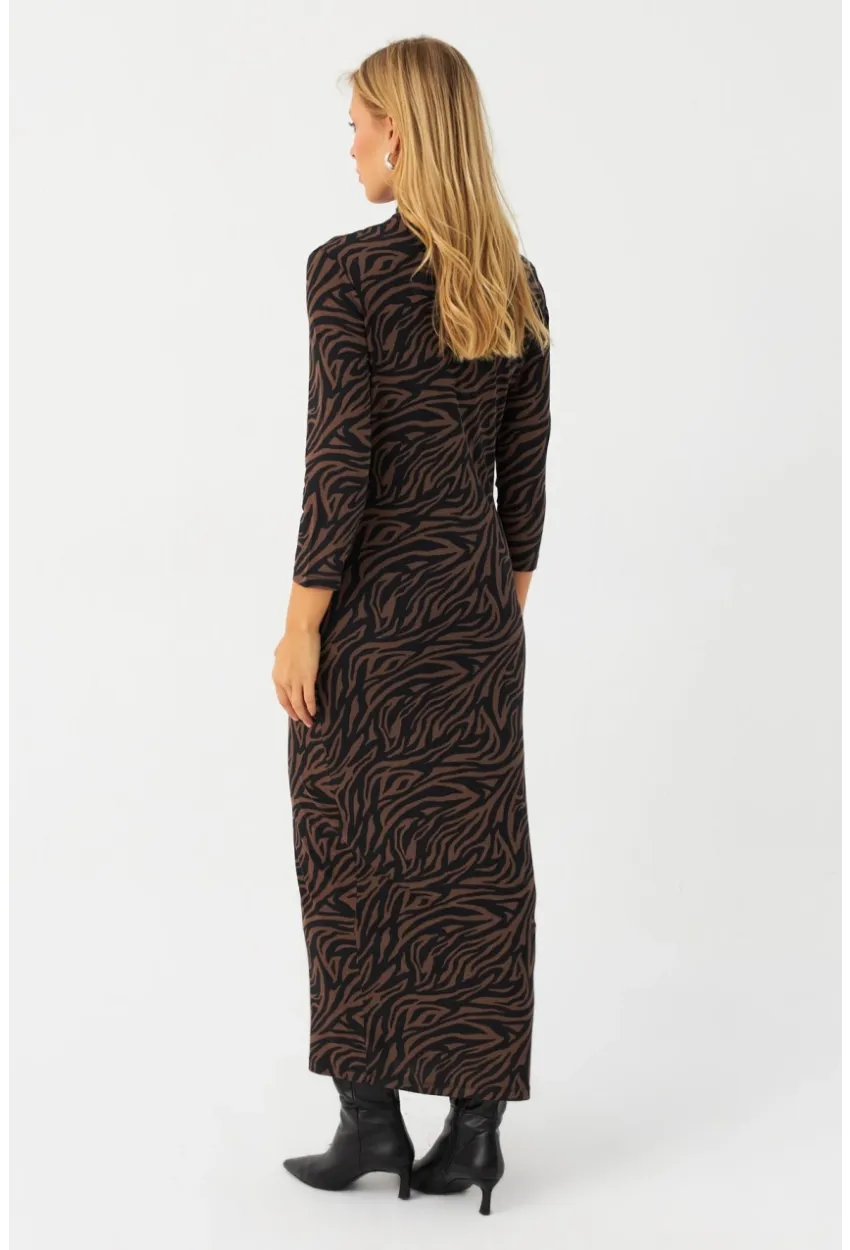 Kadın Siyah-Vizon Desenli Midi Elbise MLPP400