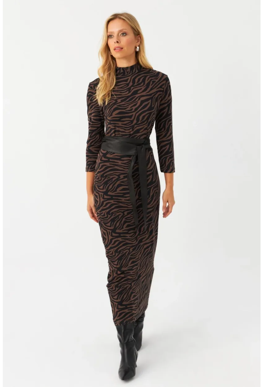 Kadın Siyah-Vizon Desenli Midi Elbise MLPP400