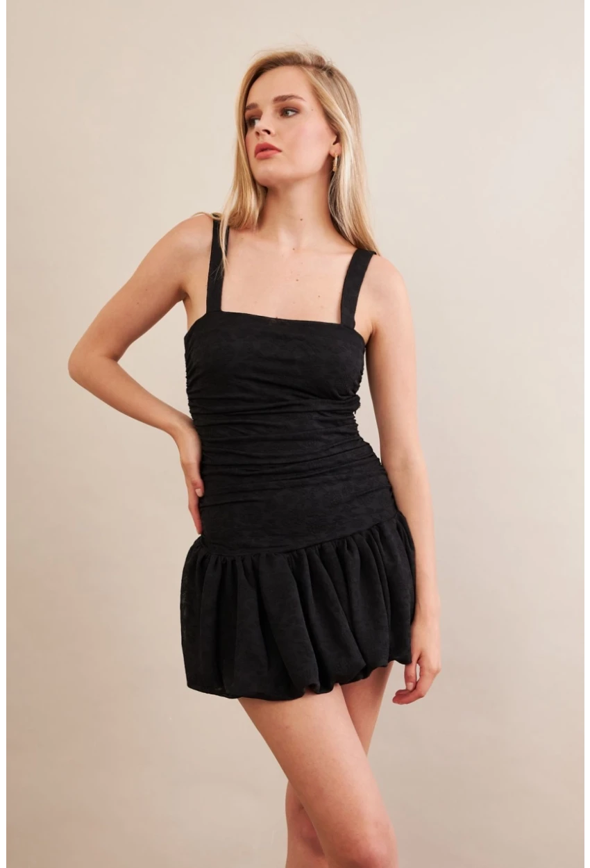 Kadın Siyah Volanlı Astarlı Mini Tül Elbise KED7316