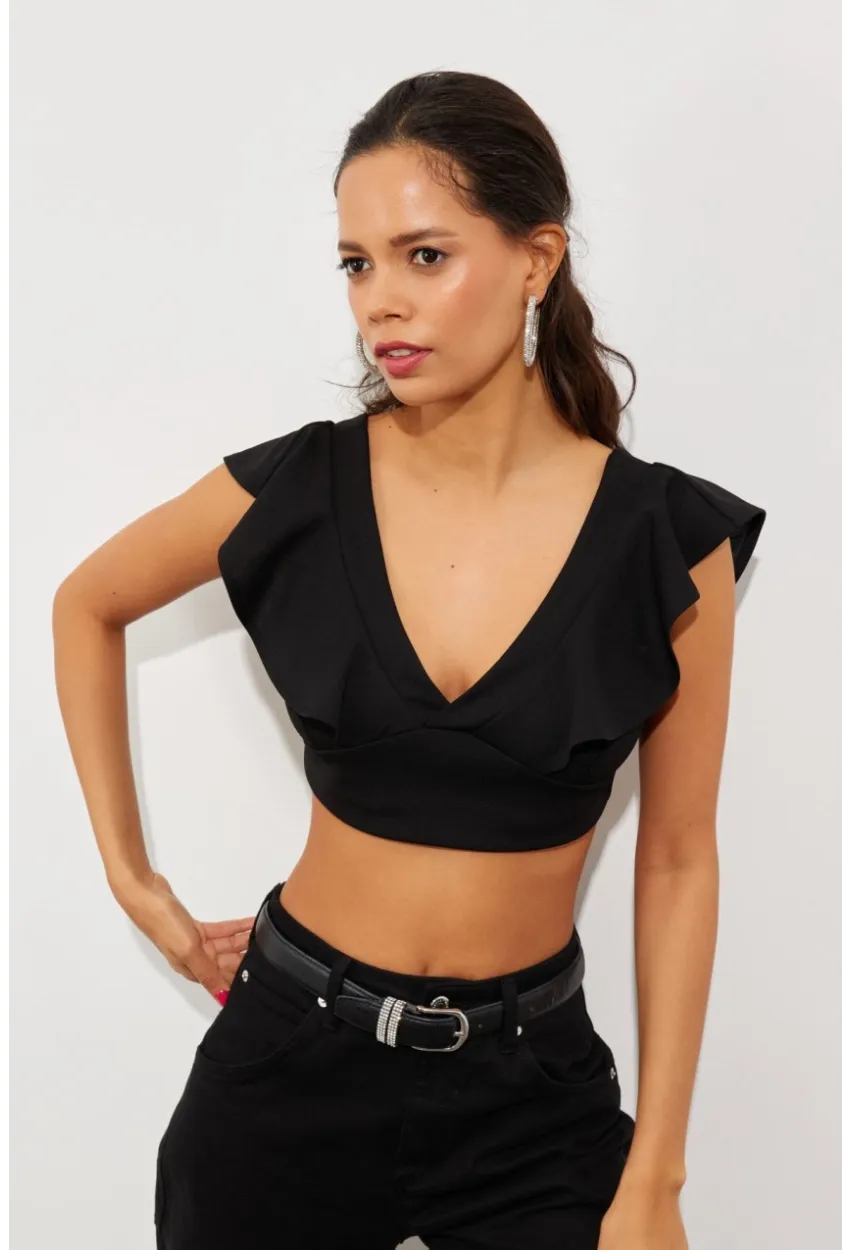 Kadın Siyah Volanlı Crop Bluz B2589