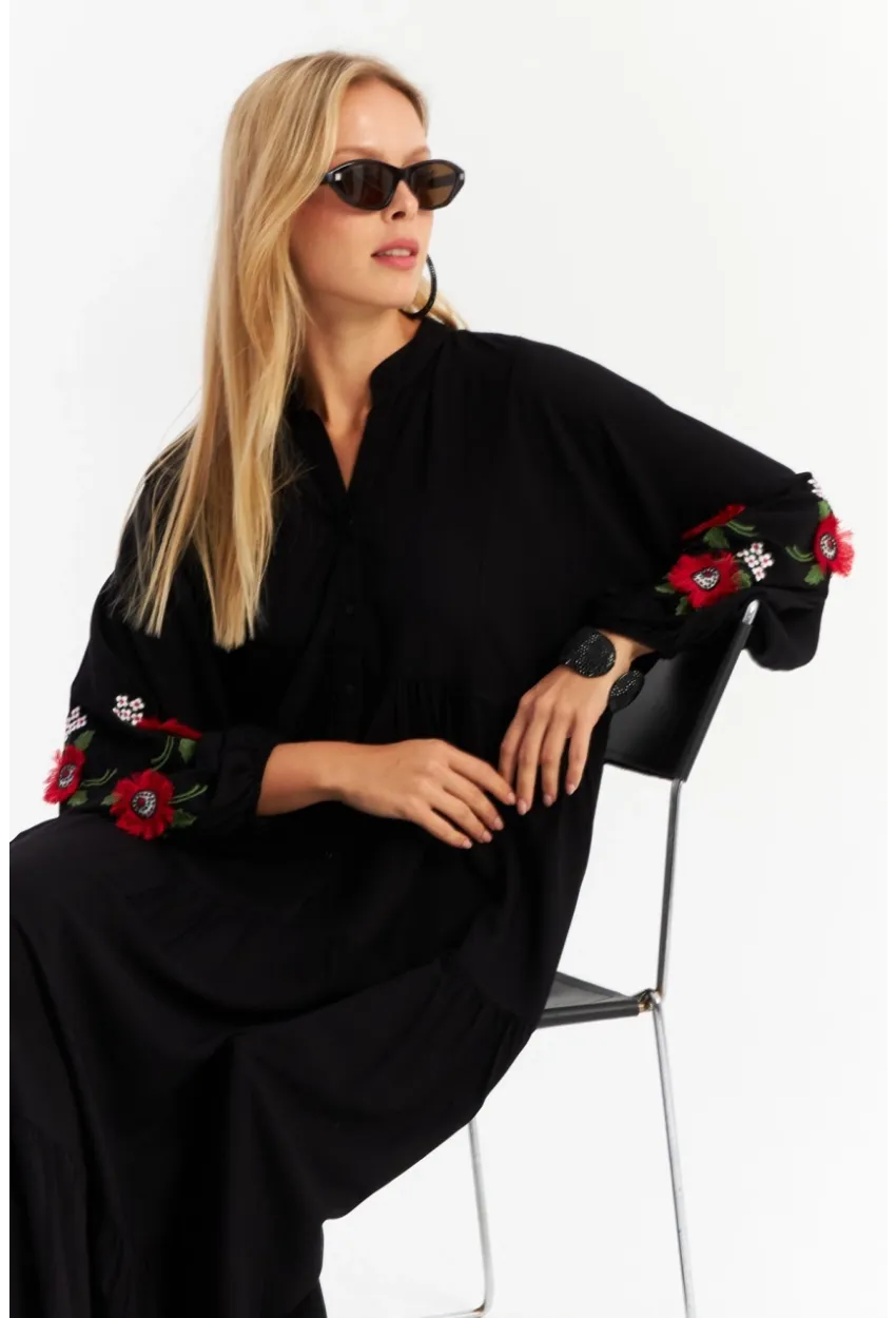 Kadın Siyah Volanlı Maxi Elbise MALO9