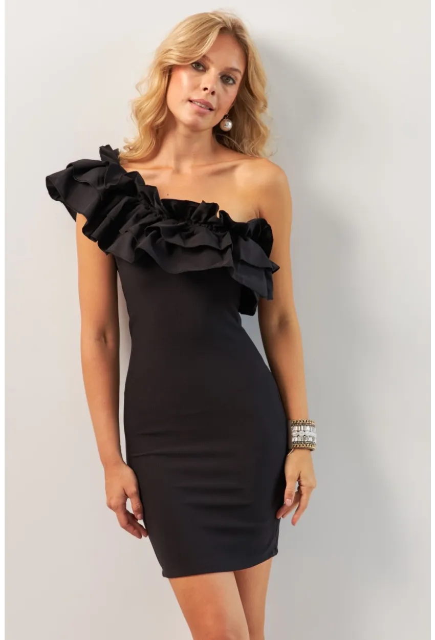 Kadın Siyah Volanlı Mini Elbise KED4294