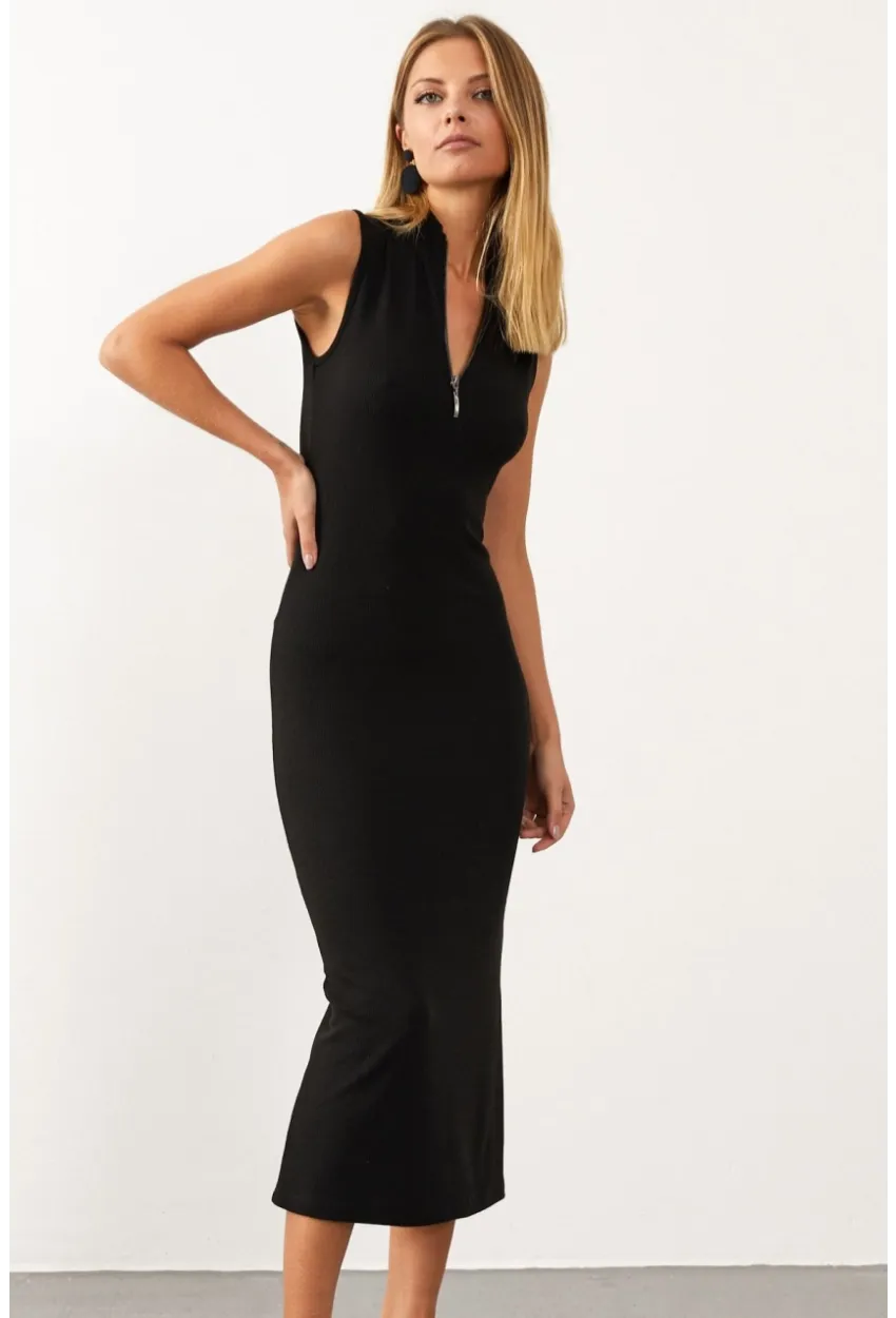 Kadın Siyah Yakası Fermuarlı Kolsuz Kaşkorse Elbise Yİ1959