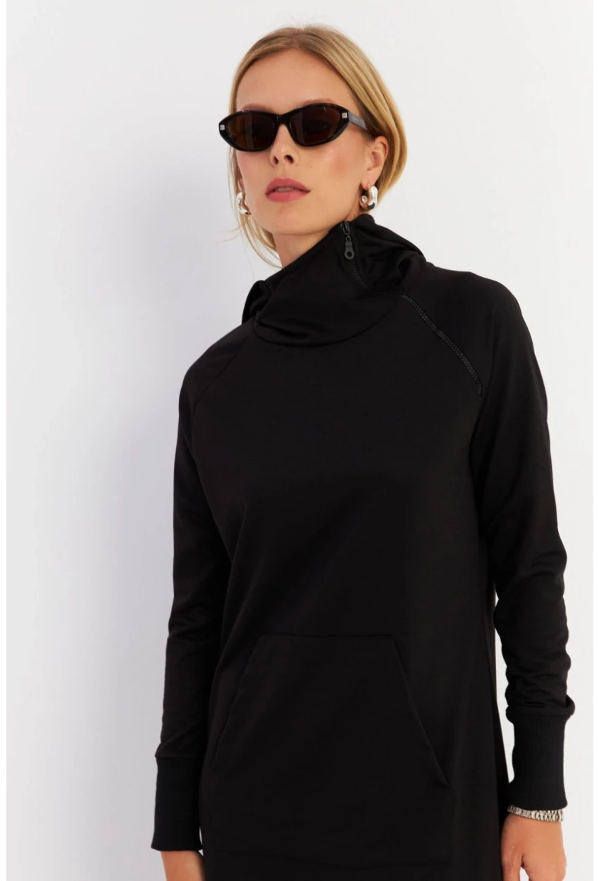 Kadın Siyah Yakası Fermuarlı Maxi Sweat Elbise MTF12