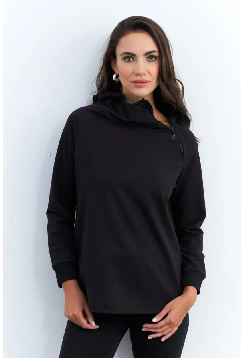 Kadın Siyah Yakası Fermuarlı Sweatshirt TF11