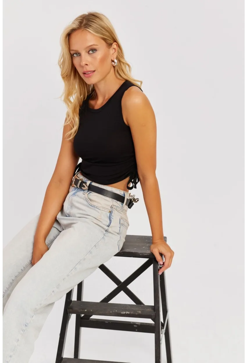 Kadın Siyah Yanları Bağcıklı Kolsuz Bluz MK05