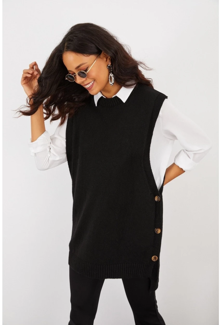 Kadın Siyah Yanları Düğmeli Kolsuz Triko Tunik MYV75