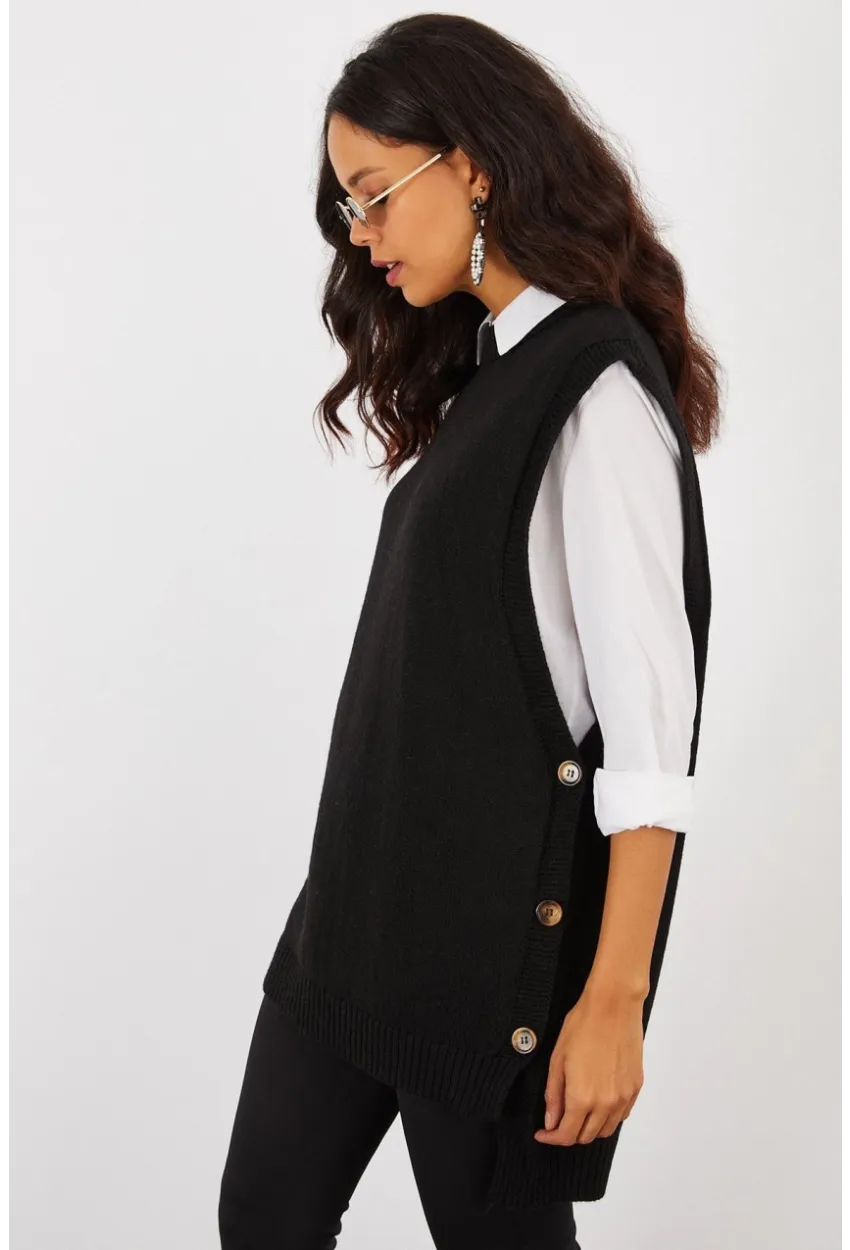 Kadın Siyah Yanları Düğmeli Kolsuz Triko Tunik YV75