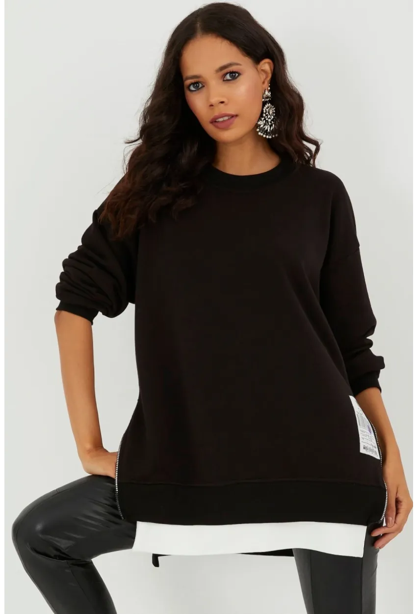 Kadın Siyah Yanları Fermuarlı Oversize Sweatshirt BK231095