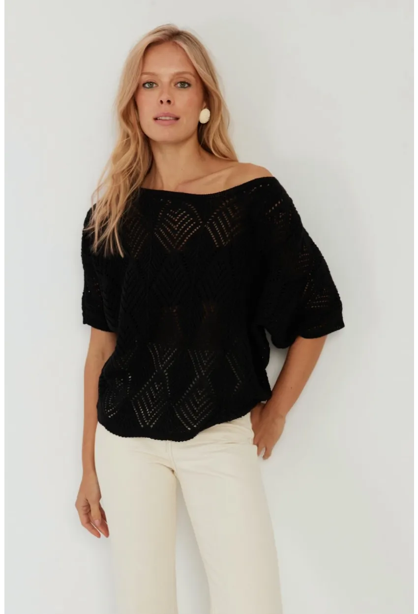 Kadın Siyah Yarasa Kol Ajurlu Triko Bluz YZ621