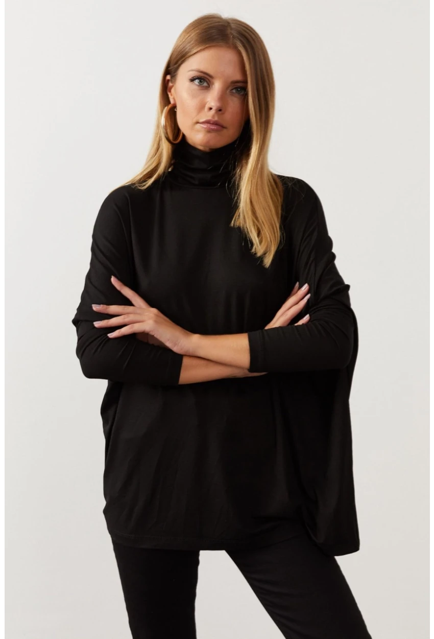 Kadın Siyah Yarasa Kol Balıkçı Bluz EY1049