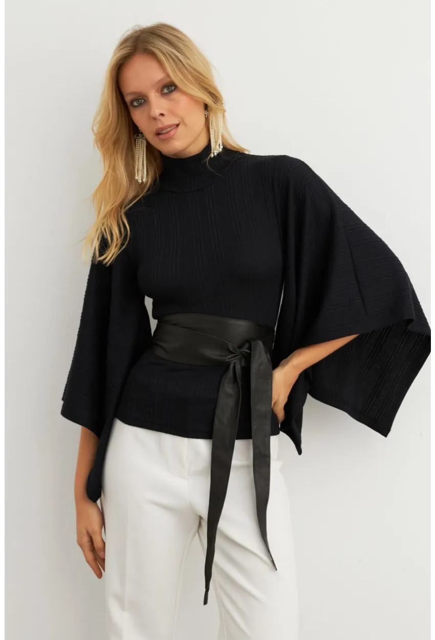 Kadın Siyah Yarasa Kol Balıkçı Bluz MTF32