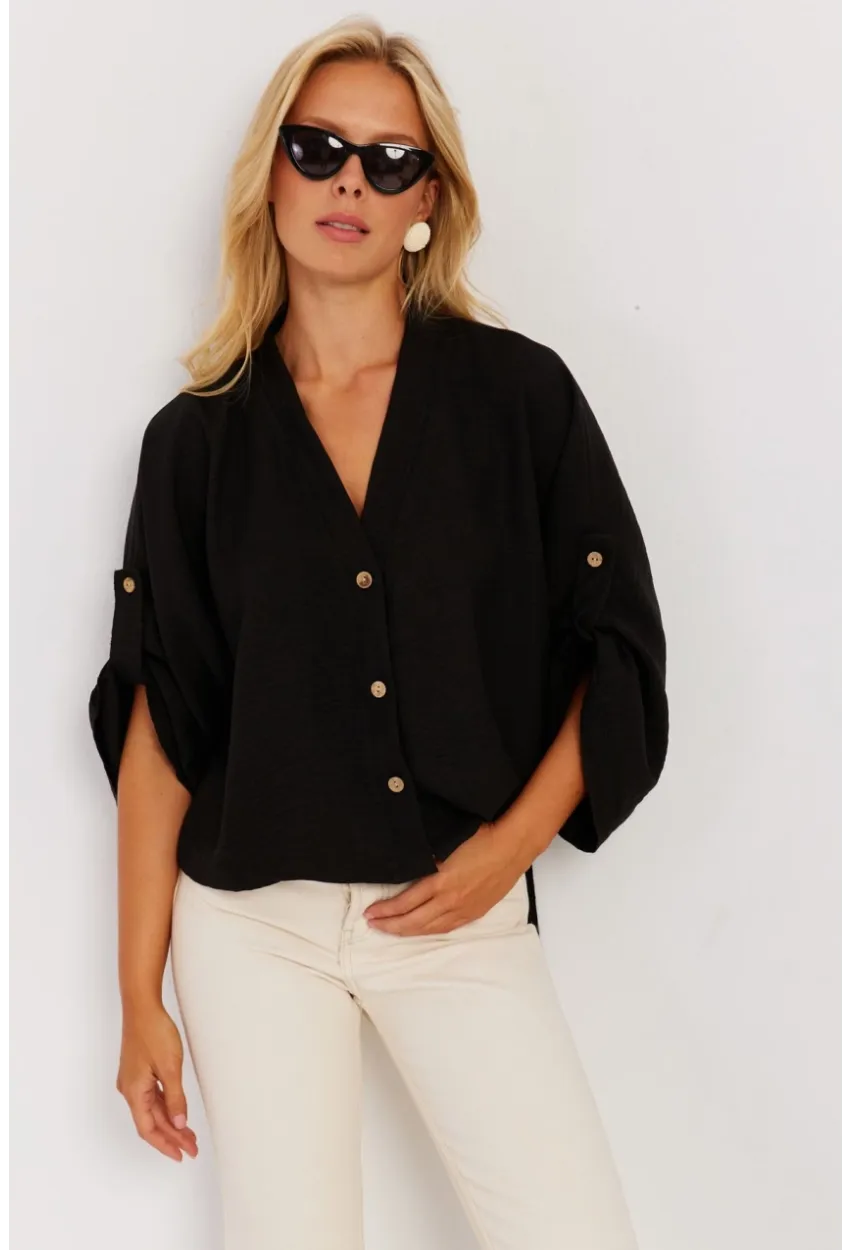 Kadın Siyah Yarasa Kol Kısa Gömlek GÇ160