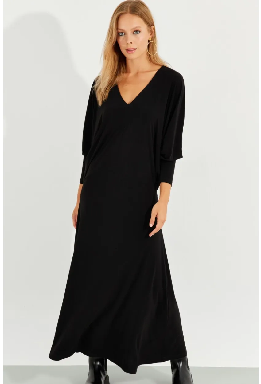 Kadın Siyah Yarasa Kol Midi Elbise BK272021