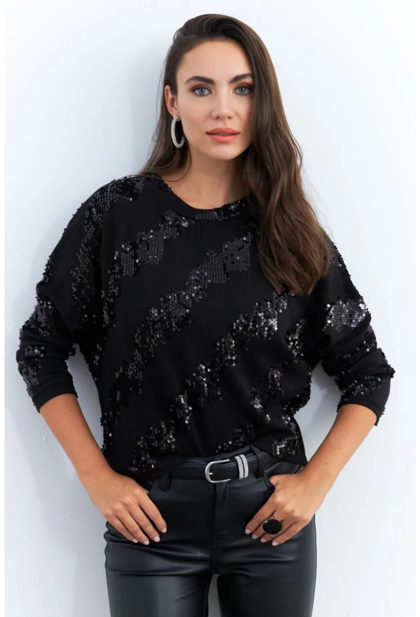 Kadın Siyah Yarasa Kol Payetli Triko Bluz PP6435