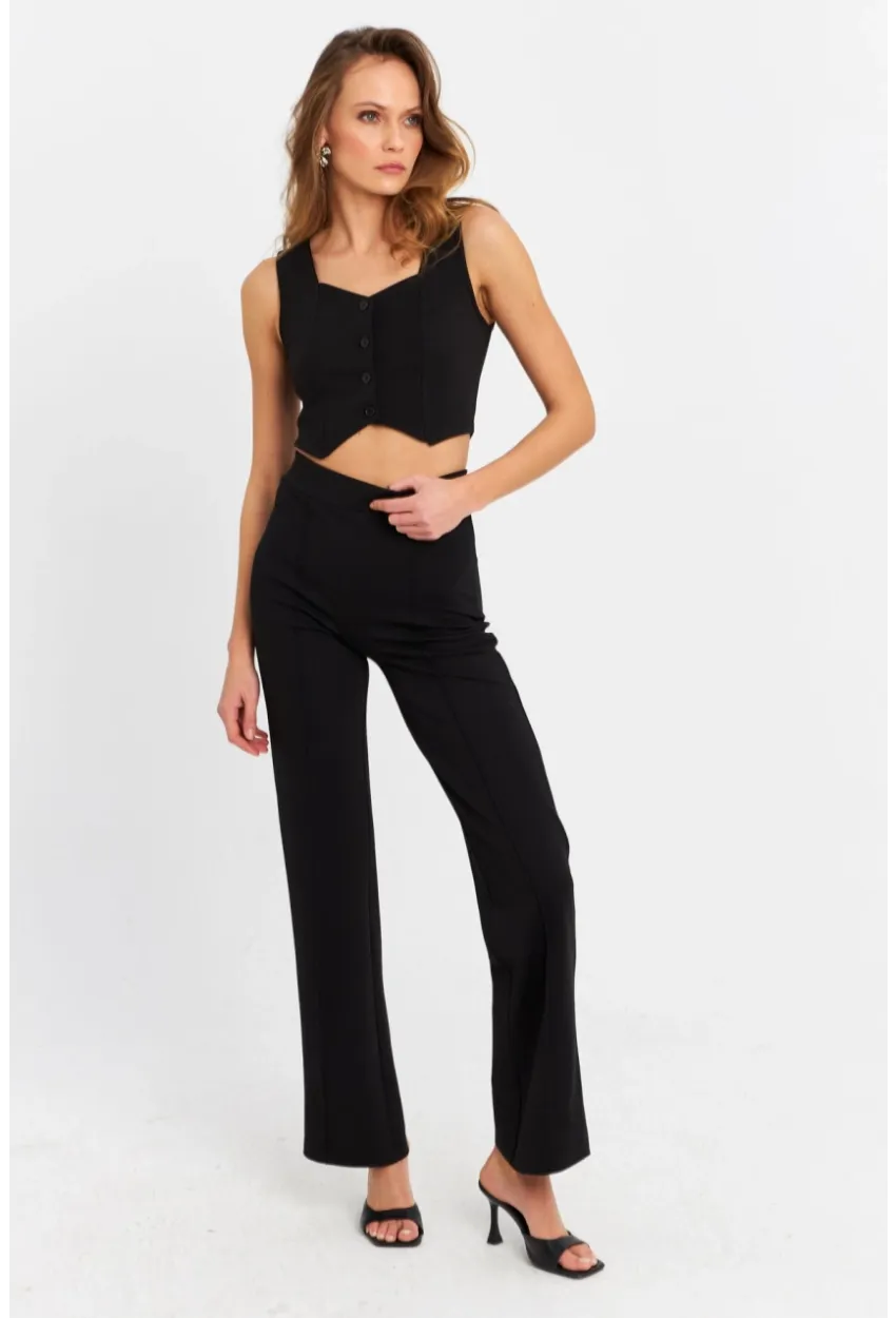 Kadın Siyah Yelekli Pantolon Takım RU9623