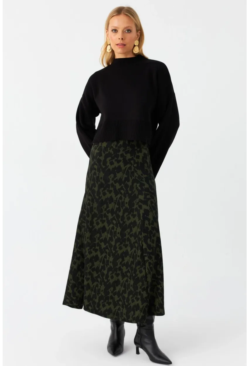 Kadın Siyah-Yeşil Desenli Çan Etek LON3007