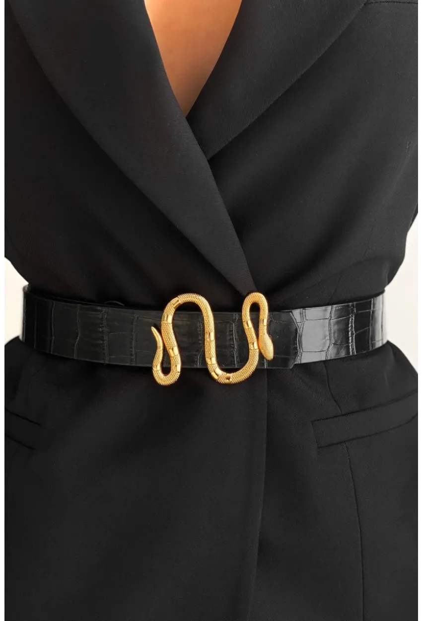 Kadın Siyah Yılan Tokalı Kemer BE609