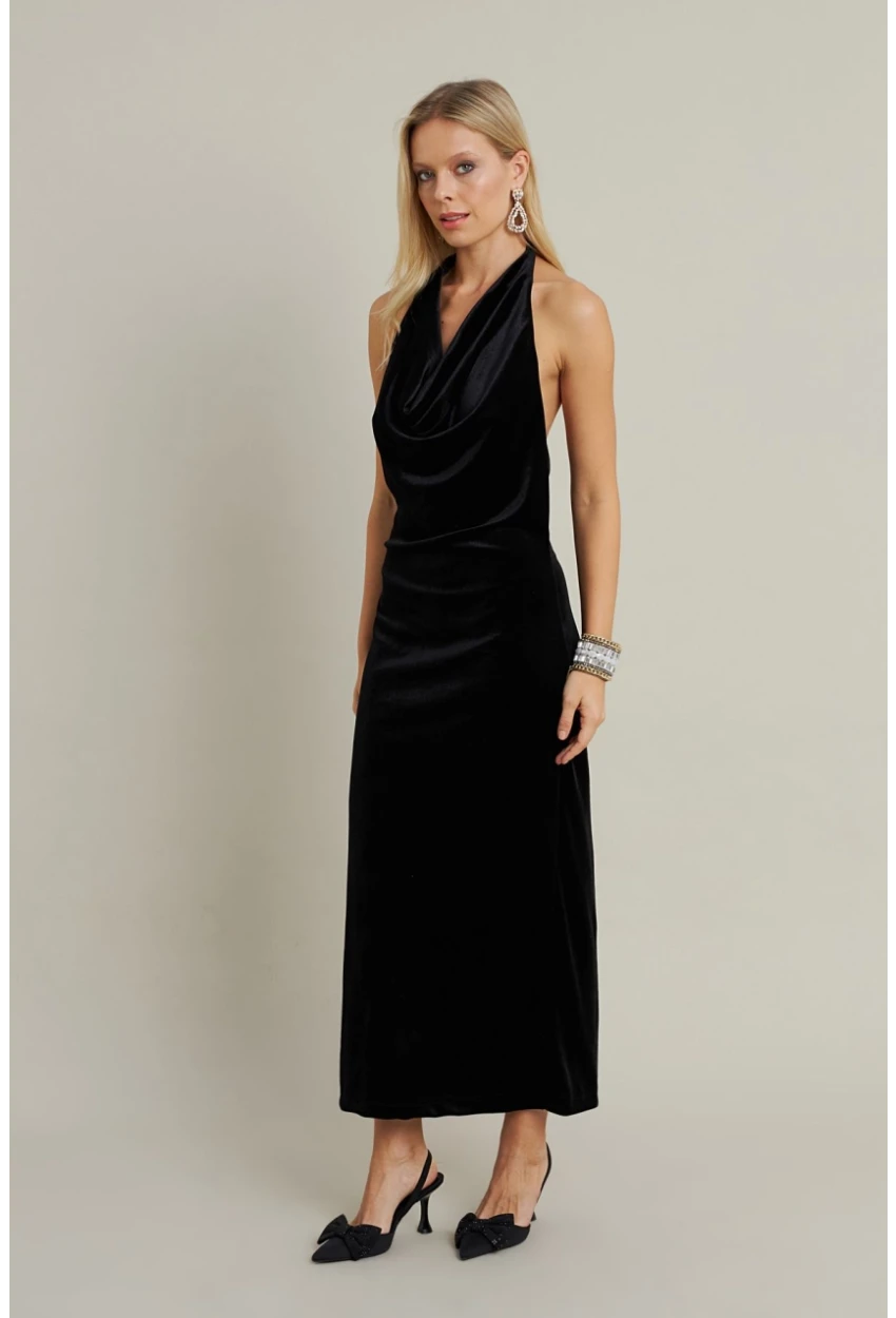 Kadın Siyah Yılbaşı Degaje Yaka Uzun Elbise GÇ197