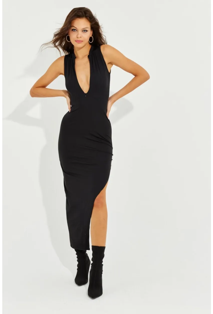 Kadın Siyah Yırrtmaçlı Fermuarlı Maxi Elbise YEL83