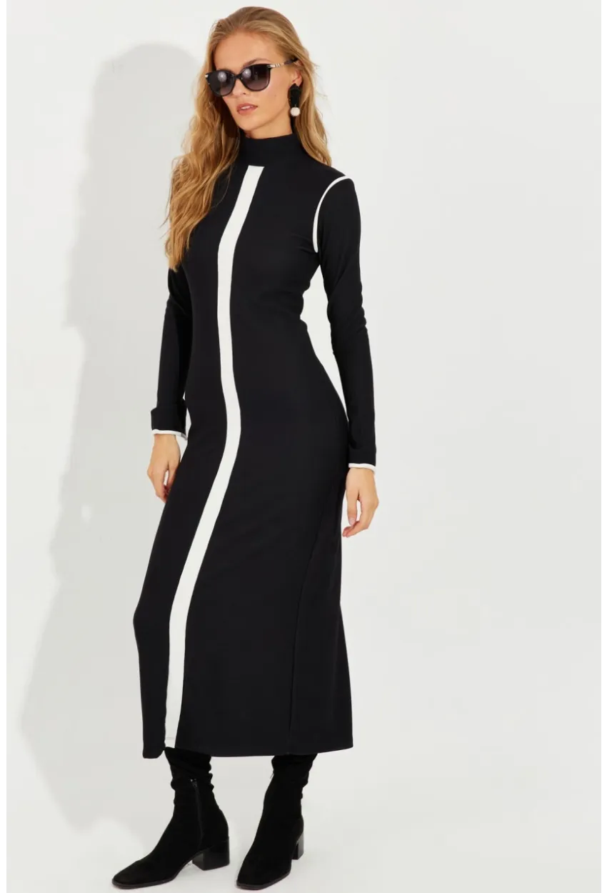 Kadın Siyah Yırtmaçlı Biyeli Midi Elbise RMZ1000