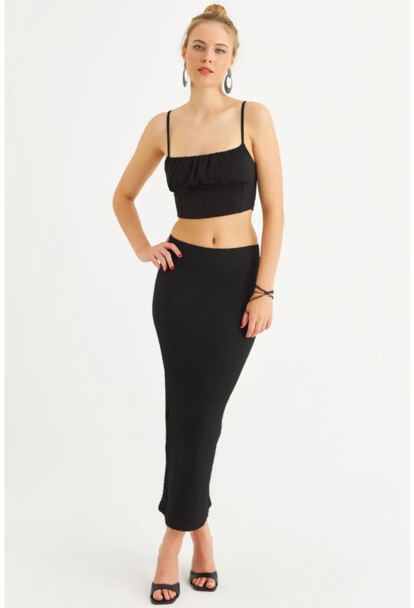 Kadın Siyah Yırtmaçlı Bürümcük Midi Etek ZH329