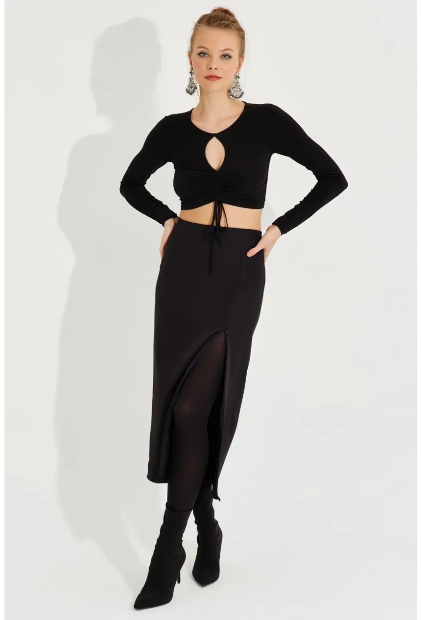 Kadın Siyah Yırtmaçlı Fermuarlı Midi Etek YEL221370