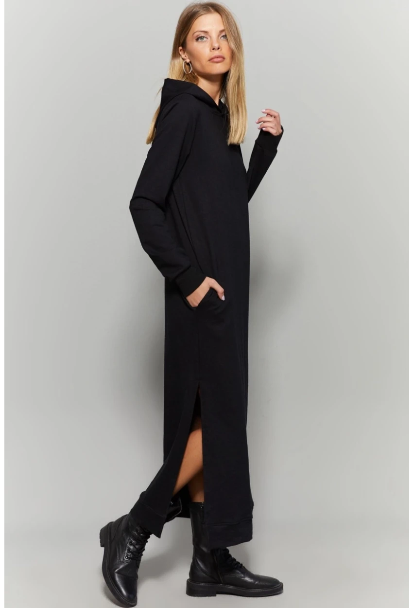 Kadın Siyah Yırtmaçlı Kapüşonlu Maxi Elbise EY1111