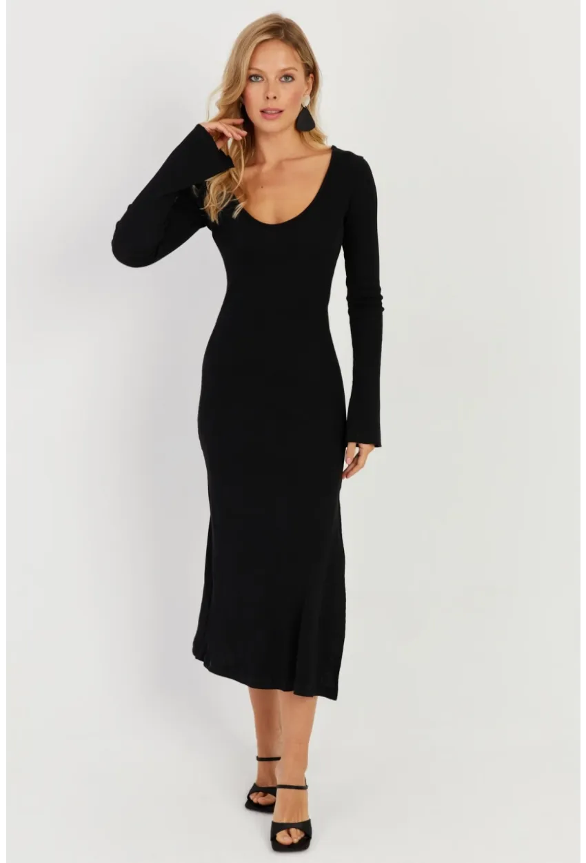 Kadın Siyah Yırtmaçlı Kaşkorse Midi Elbise EY2702