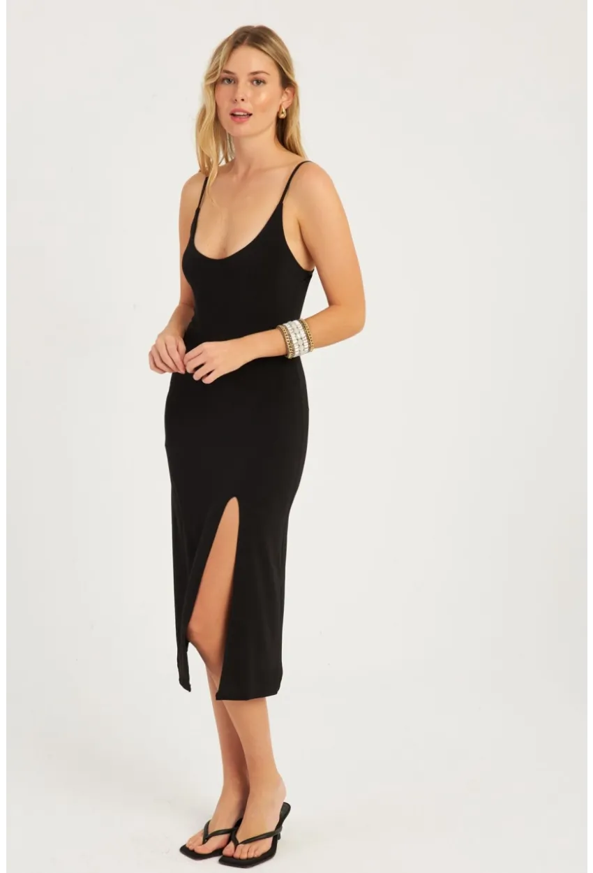 Kadın Siyah Yırtmaçlı Midi Elbise  MON1047