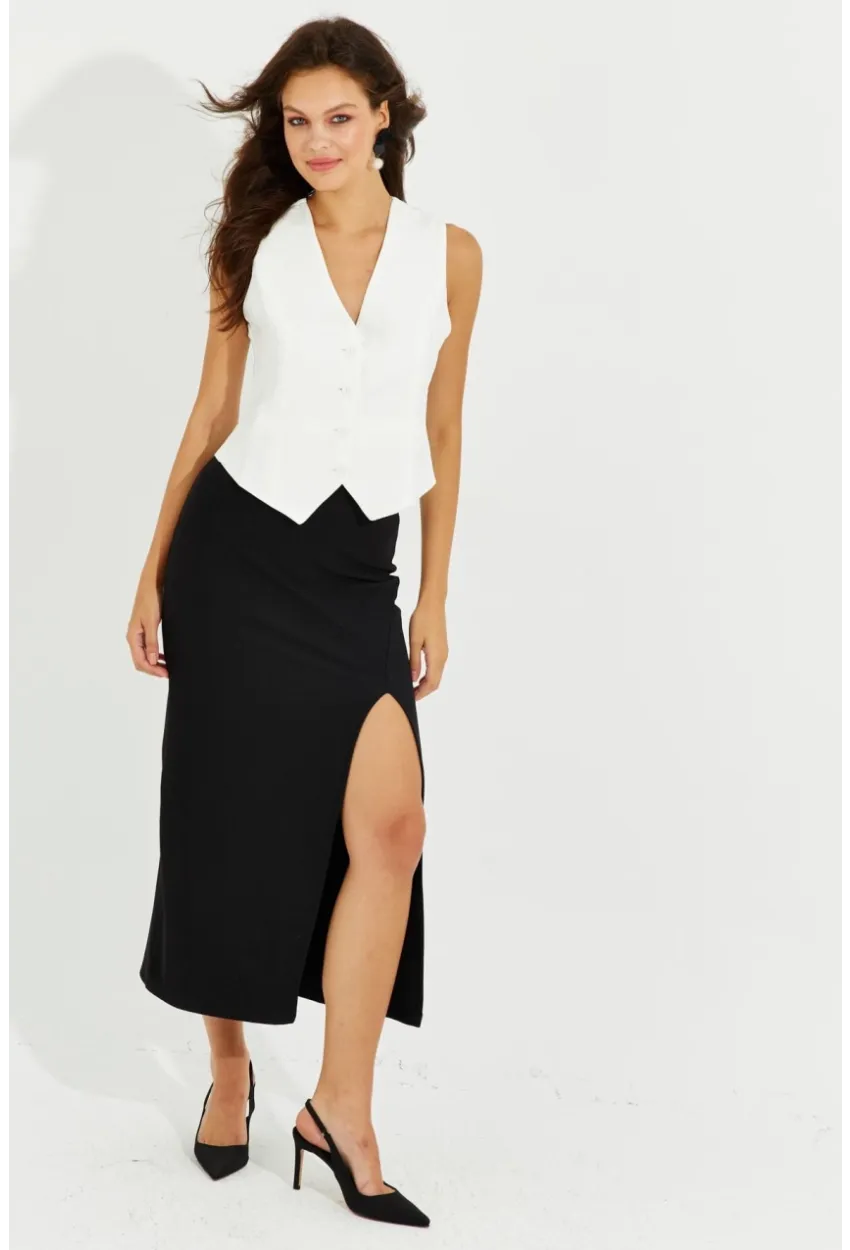 Kadın Siyah Yırtmaçlı Midi Etek RMZ20522