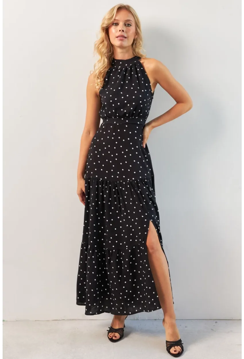 Kadın Siyah Yırtmaçlı Puantiyeli Midi Elbise KED4233