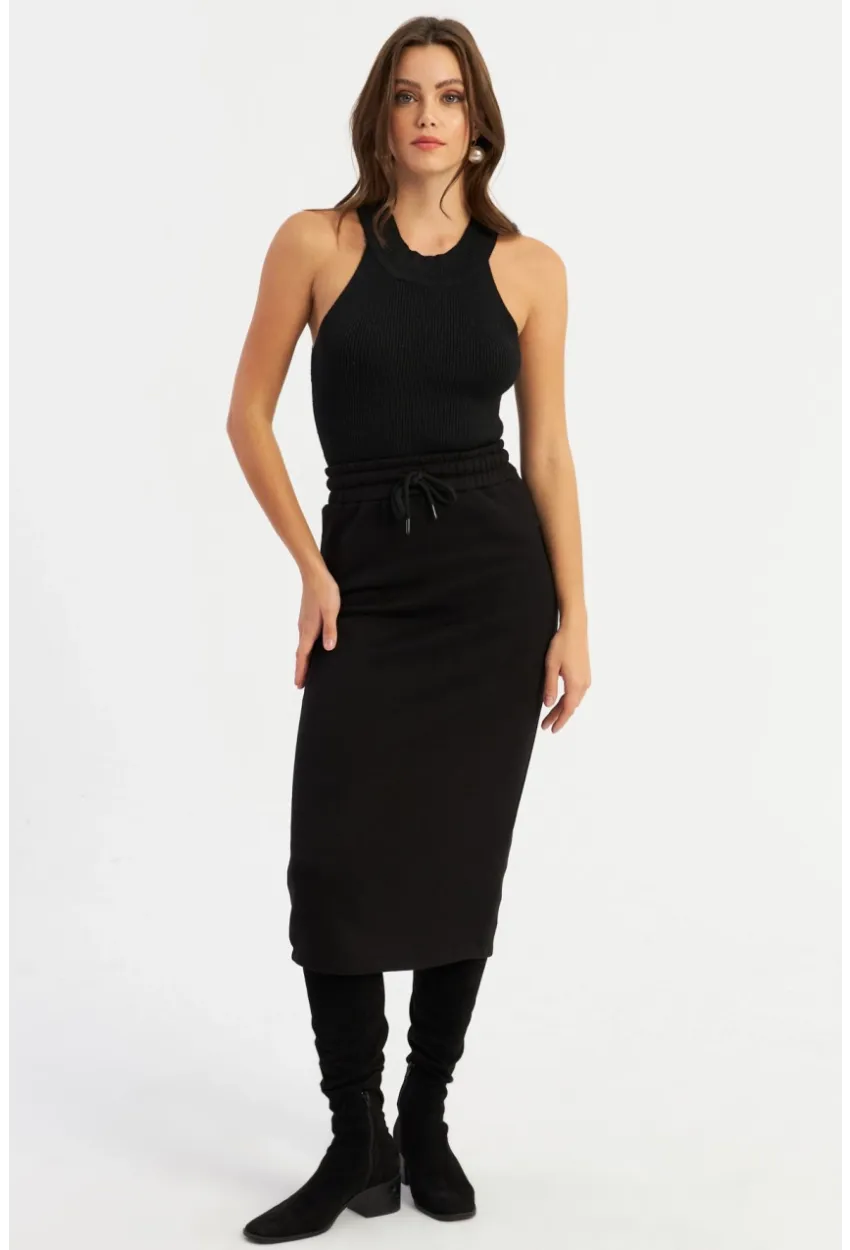 Kadın Siyah Yırtmaçlı Sweat Etek TF24