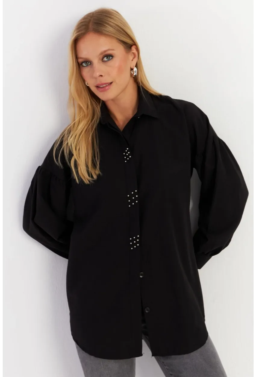 Kadın Siyah Zımbalı Gömlek MASF08