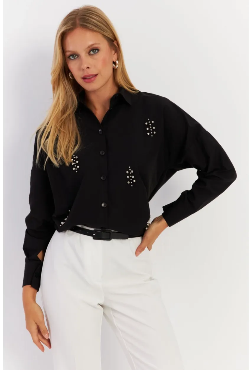 Kadın Siyah Zımbalı Gömlek MASF1