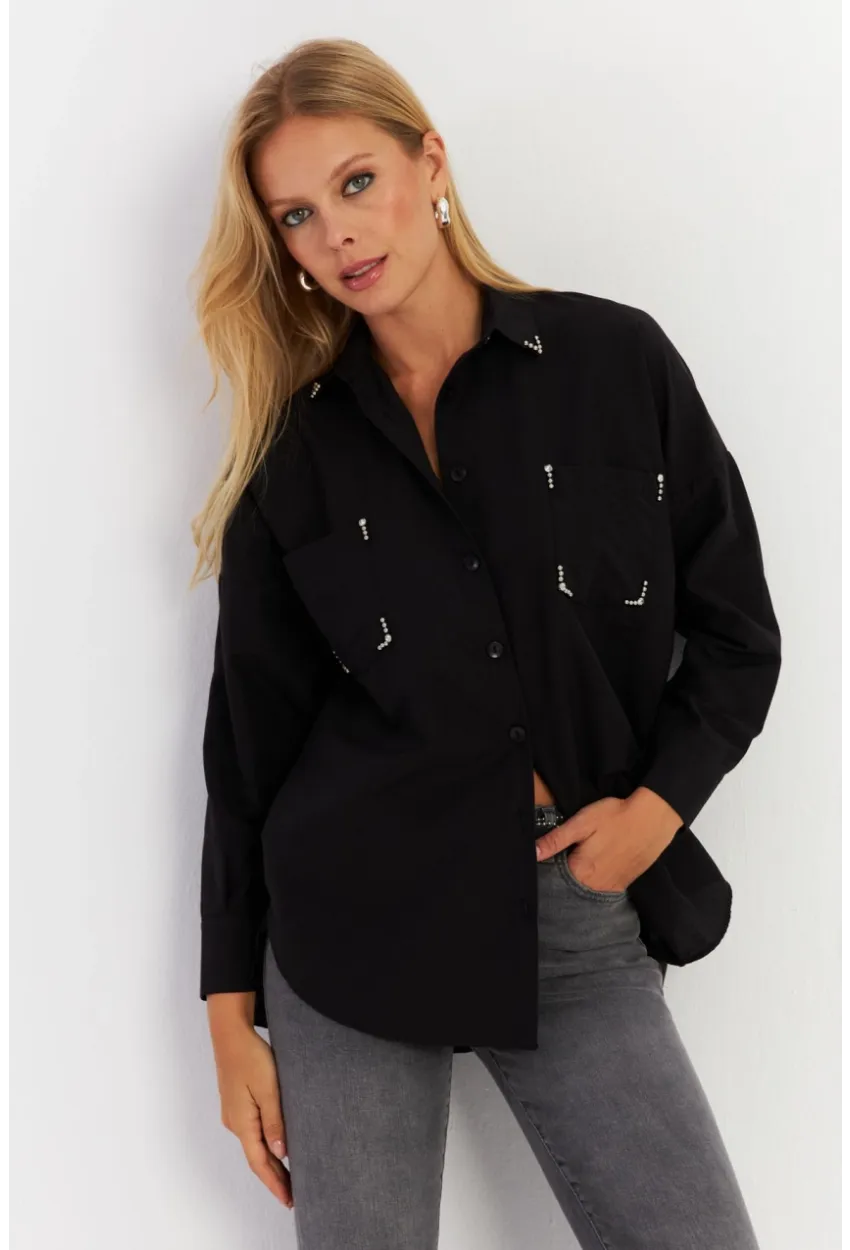 Kadın Siyah Zımbalı Gömlek MASF2