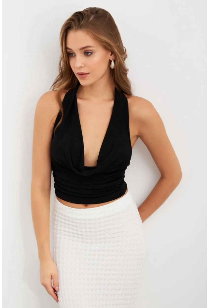 Kadın Siyah Zincir Aksesuarlı Degaje Yaka Bluz MTK13443