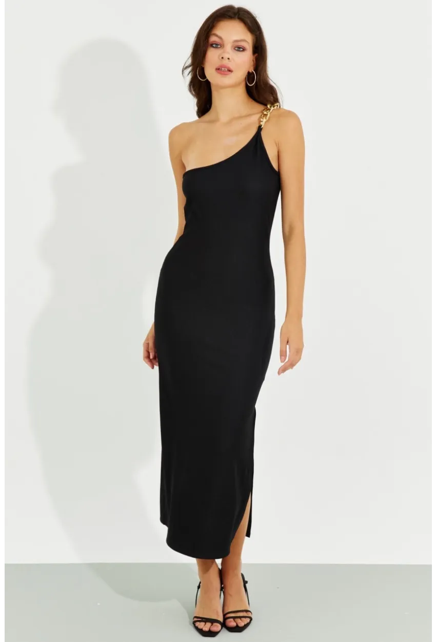 Kadın Siyah Zincir Detaylı Tek Omuz Midi Elbise RMZ21065